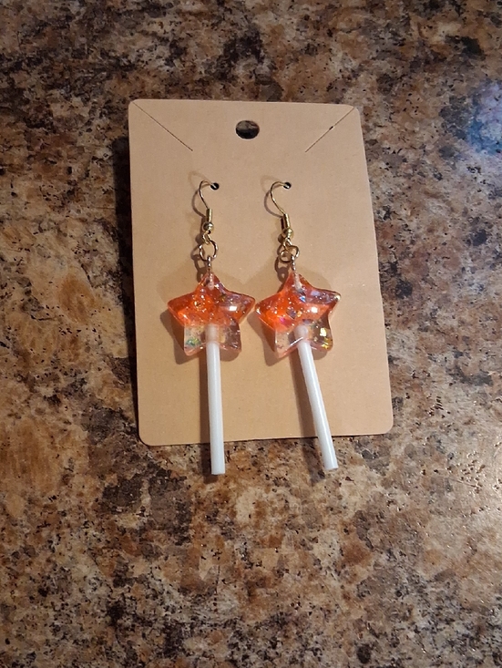 Hand Crafted Jewelry - Hand Crafted Orange Star Lollipop Drop Earrings